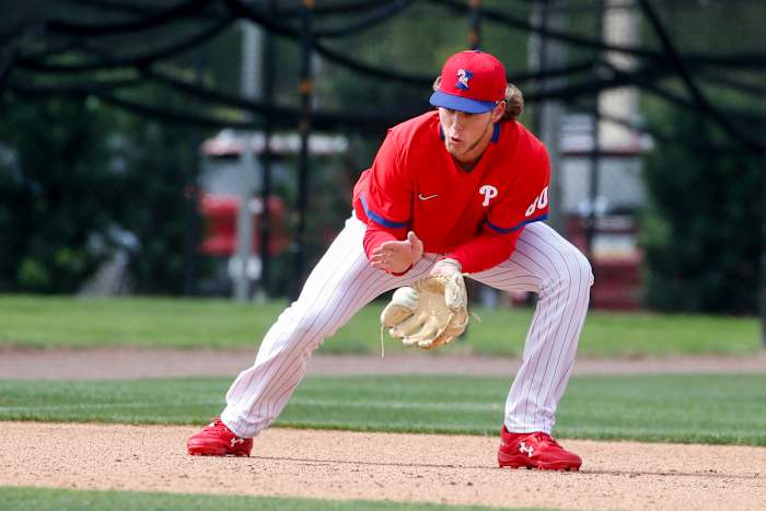 Alec Bohm fields ground balls at Spectrum Field